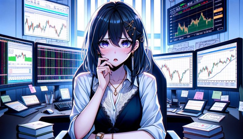 FX 爆損して悲しんでいる女性のイラスト画像（FXフリー画像）