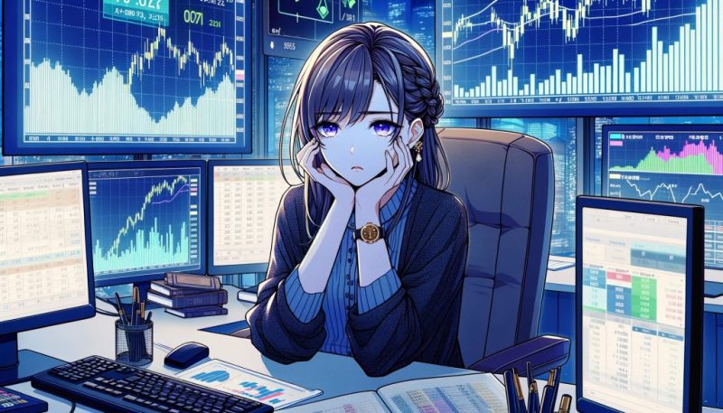 FX 爆損して落ち込んでいる女性のイラスト画像（FXフリー画像）