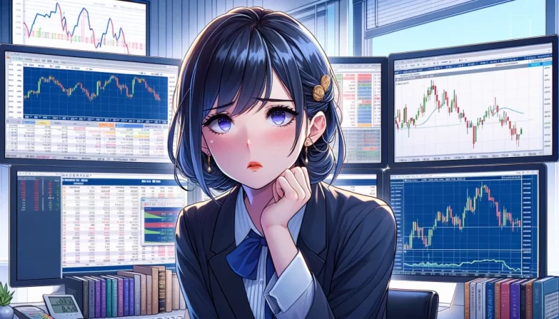 FX 爆損に困惑している女性のイラスト画像（FXフリー画像）