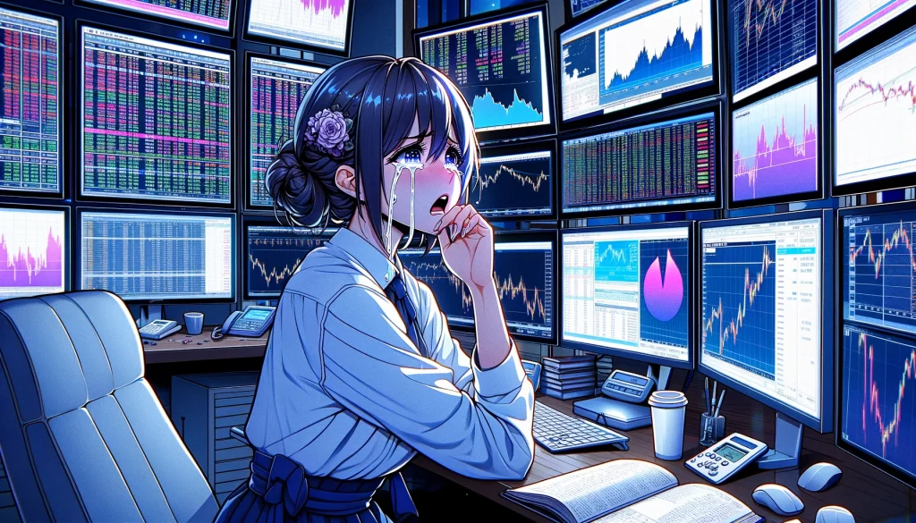 FX 爆損して泣いている女性のイラスト画像（FXフリー画像）